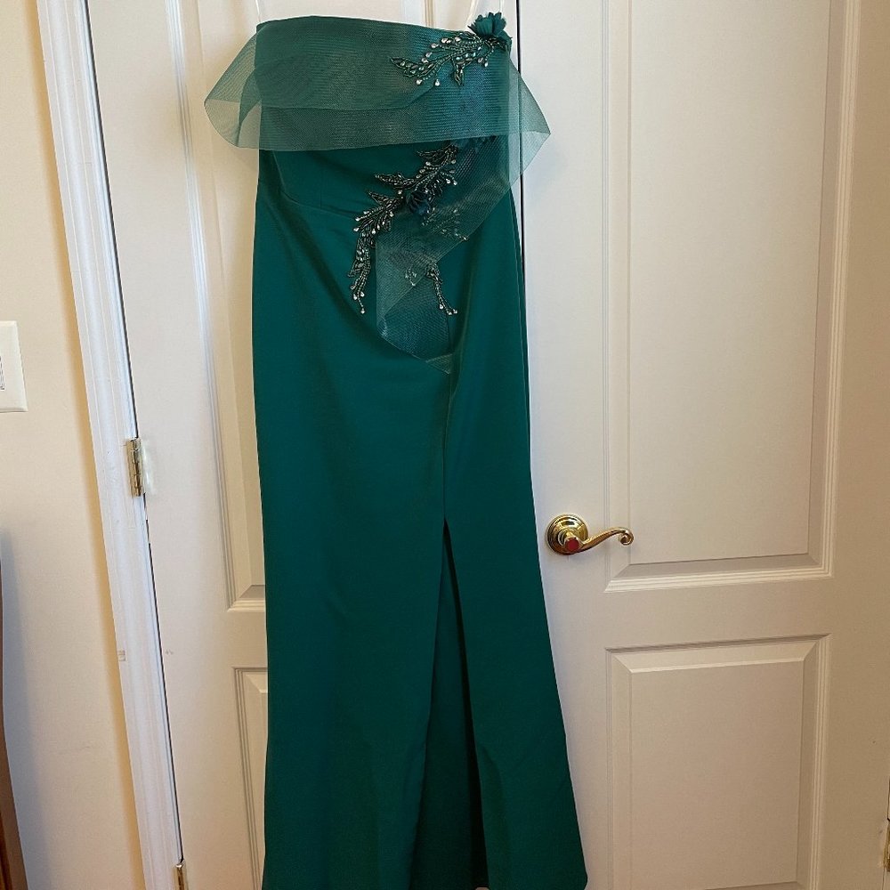 Terani Couture Strapless Embellished Flower Gown